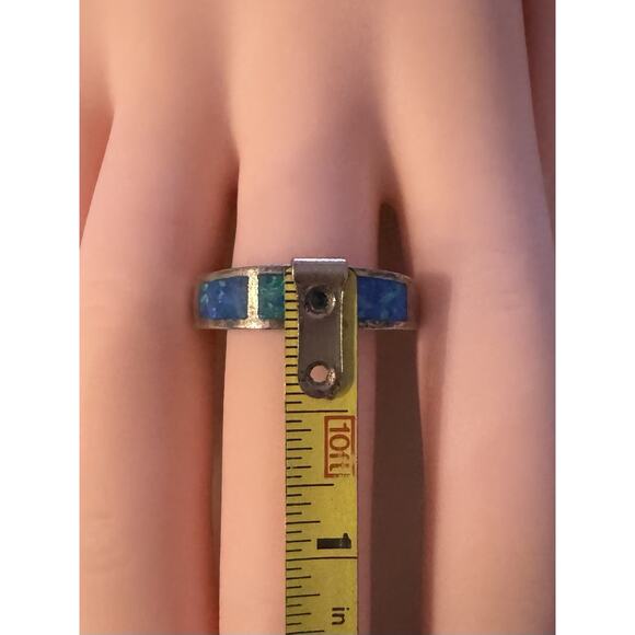 Opal Inlay Ring 925 Sterling Silver – Unisex Band Ring, Size 8 - Picture 7 of 7